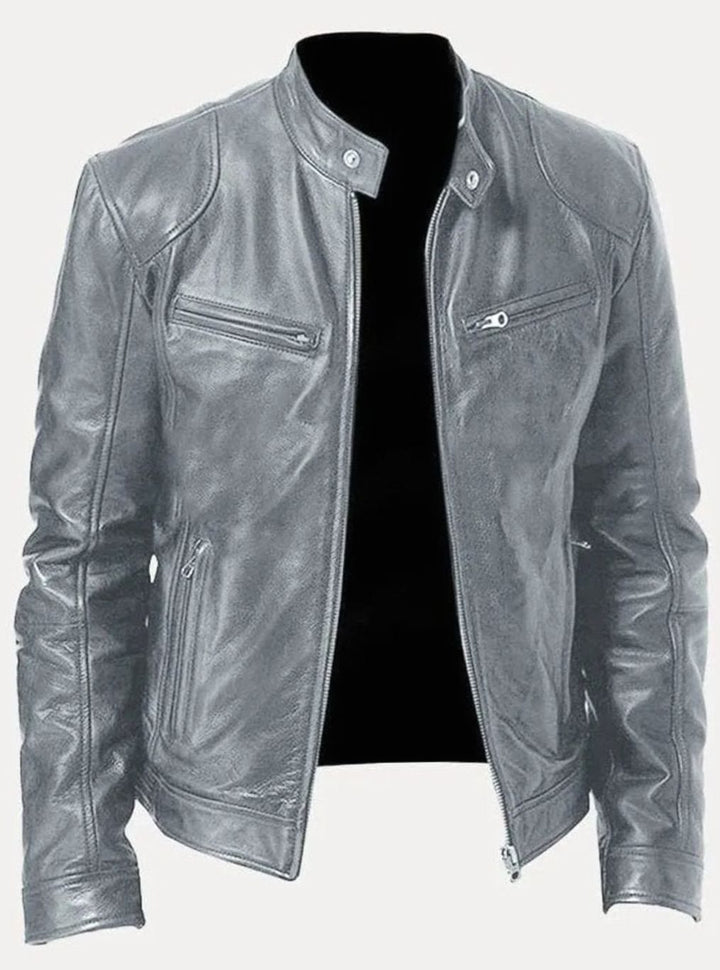 Men's Slim-Fit Faux Leather Biker Jacket Stand Collar