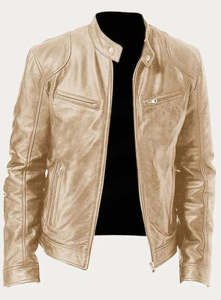 Men's Slim-Fit Faux Leather Biker Jacket Stand Collar