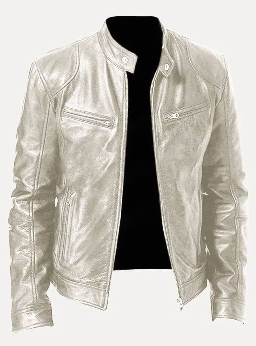 Men's Slim-Fit Faux Leather Biker Jacket Stand Collar