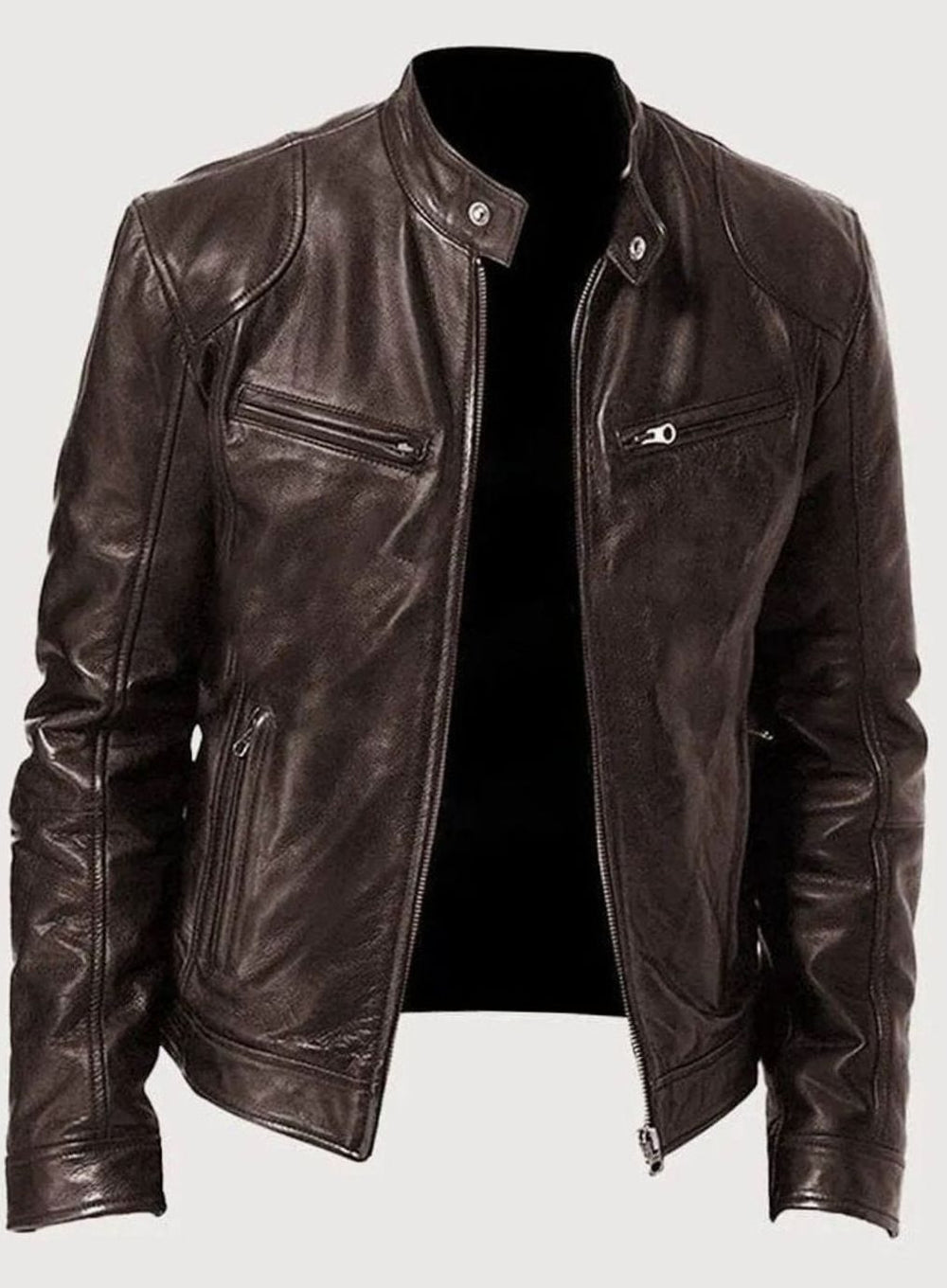 Men's Slim-Fit Faux Leather Biker Jacket Stand Collar