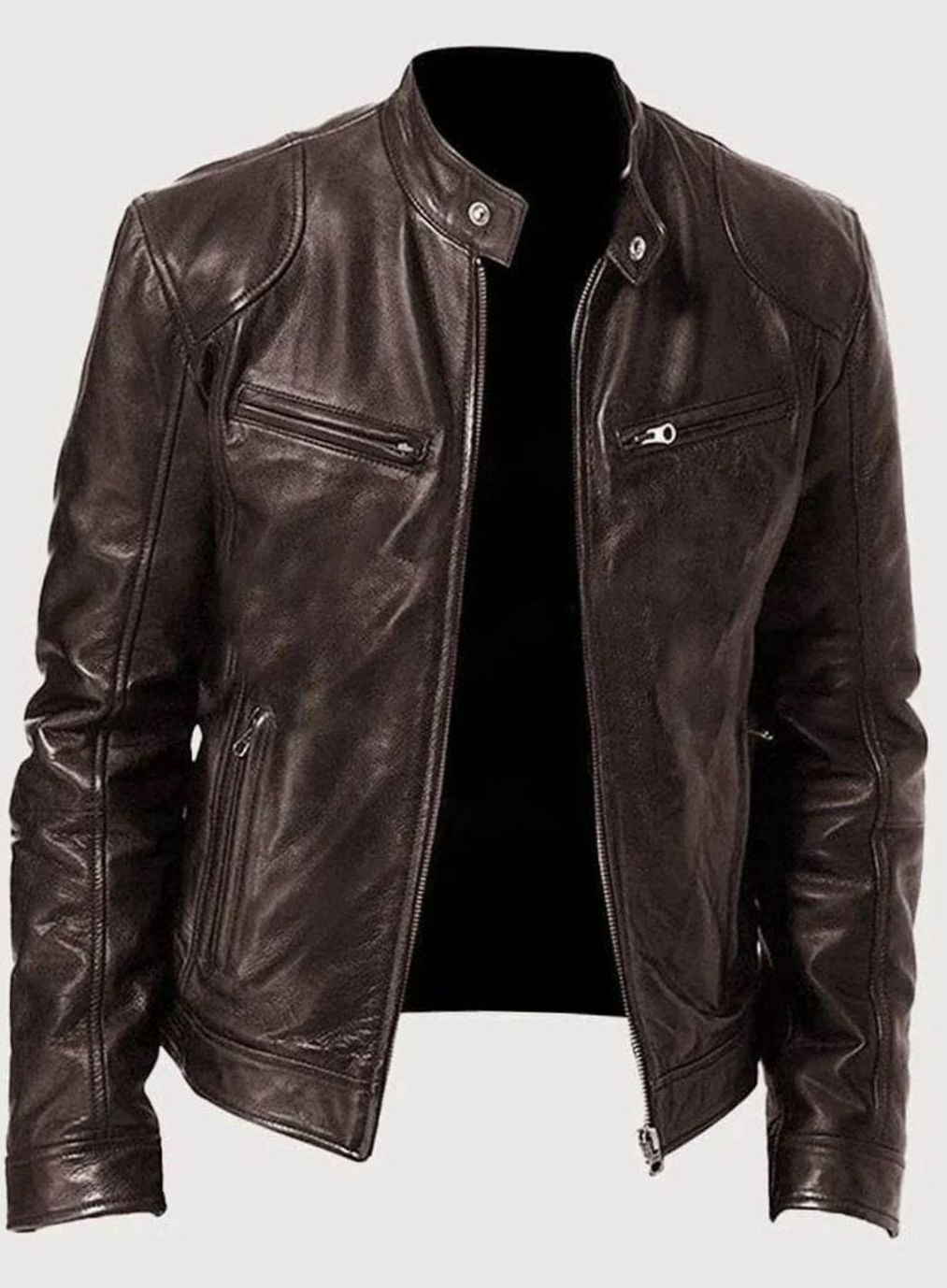 Men's Slim-Fit Faux Leather Biker Jacket Stand Collar