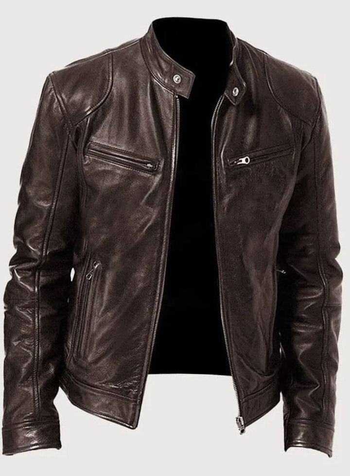 Men's Slim-Fit Faux Leather Biker Jacket Stand Collar