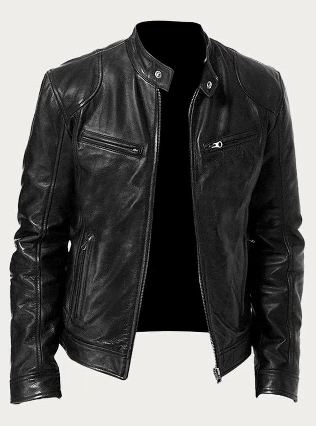 Men's Slim-Fit Faux Leather Biker Jacket Stand Collar