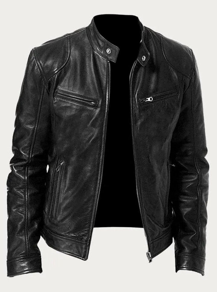 Men's Slim-Fit Faux Leather Biker Jacket Stand Collar