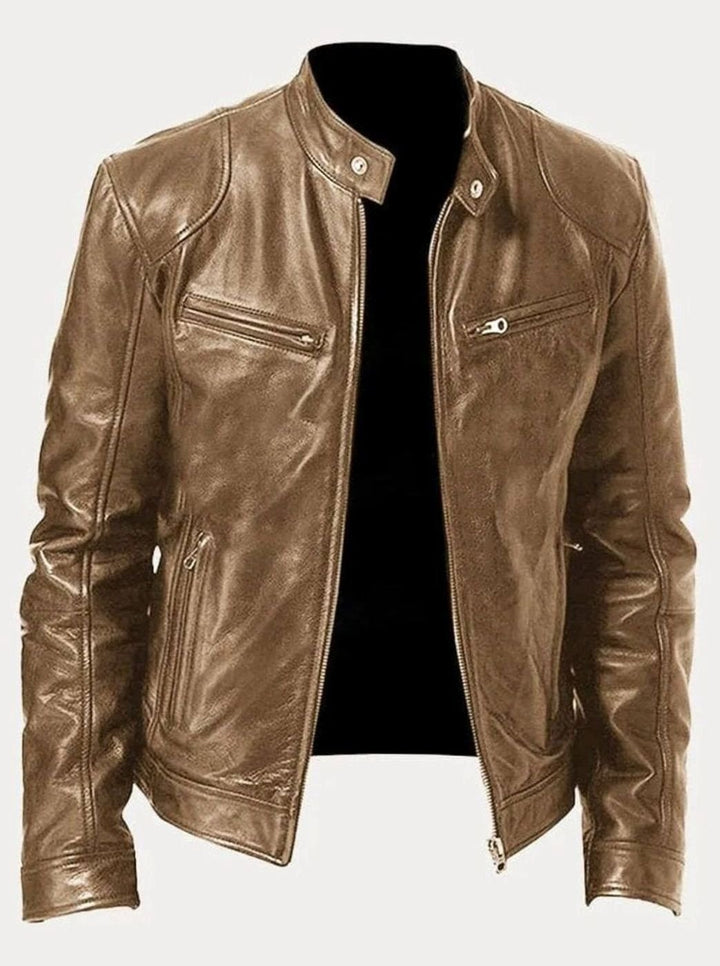 Men's Slim-Fit Faux Leather Biker Jacket Stand Collar