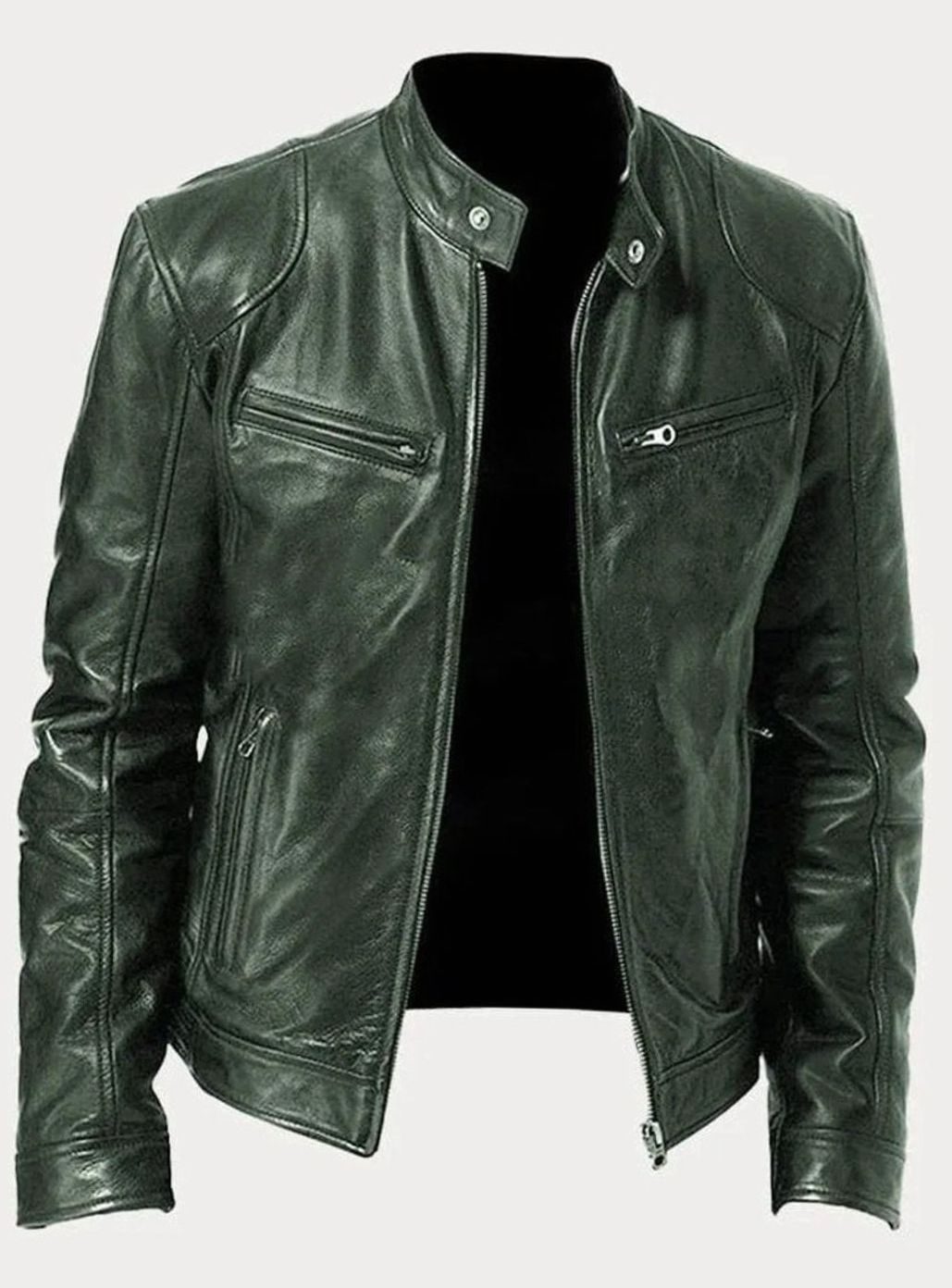 Men's Slim-Fit Faux Leather Biker Jacket Stand Collar