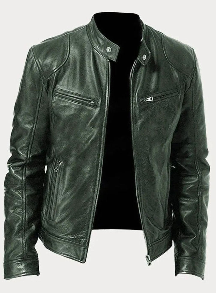 Men's Slim-Fit Faux Leather Biker Jacket Stand Collar