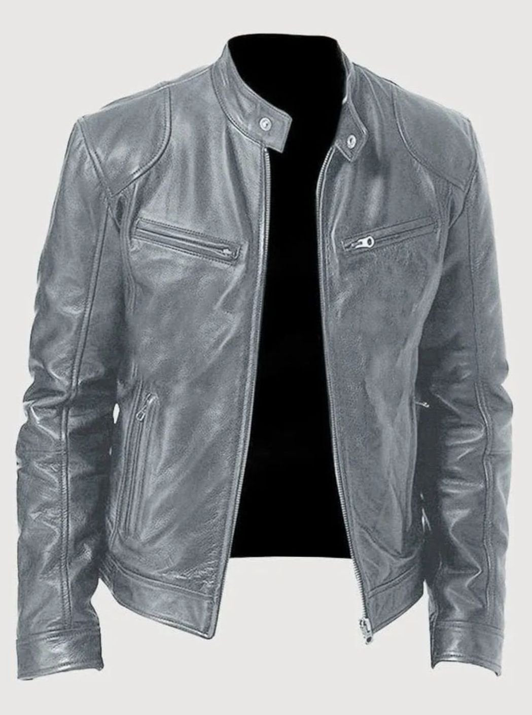 Men's Slim-Fit Zip-Up Leather Moto Style Jacket - Grey