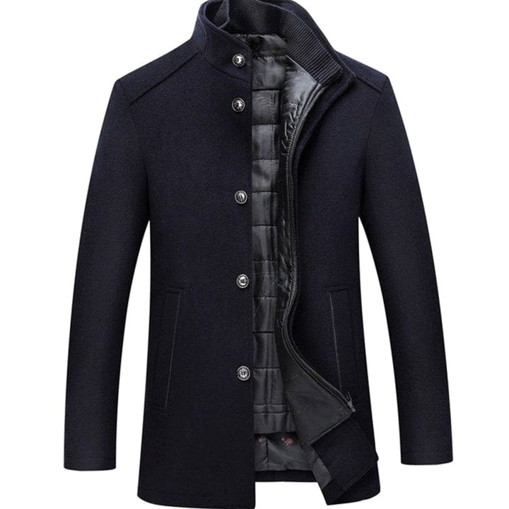 Men's Stand Collar Insulated Button-Up Winter Jacket - Navy Blue