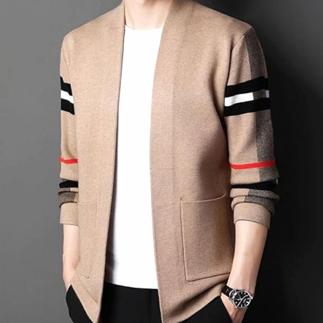 Men's Striped Sleeve Oversized Knit Cardigan Open Front