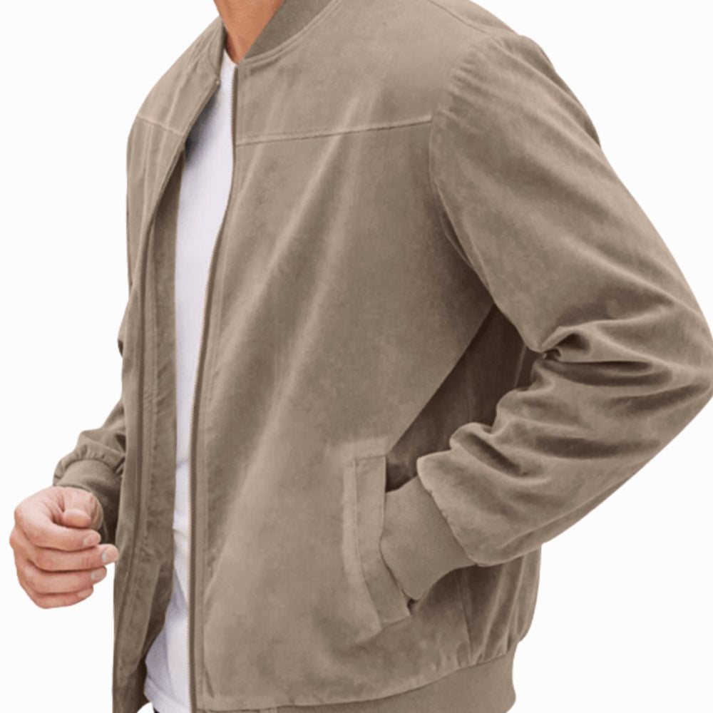 Men's Suede-Effect Zip-Up Bomber Jacket Stand Collar