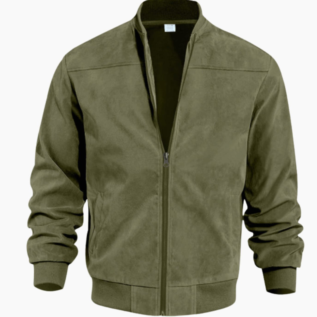 Men's Suede-Effect Zip-Up Bomber Jacket Stand Collar