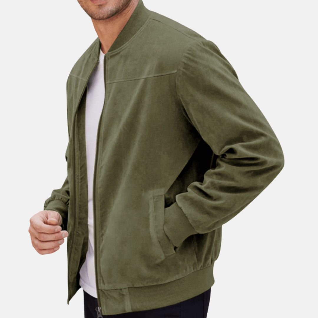 Men's Suede-Effect Zip-Up Bomber Jacket Stand Collar