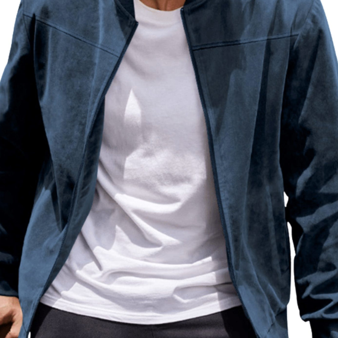Men's Suede-Effect Zip-Up Bomber Jacket Stand Collar