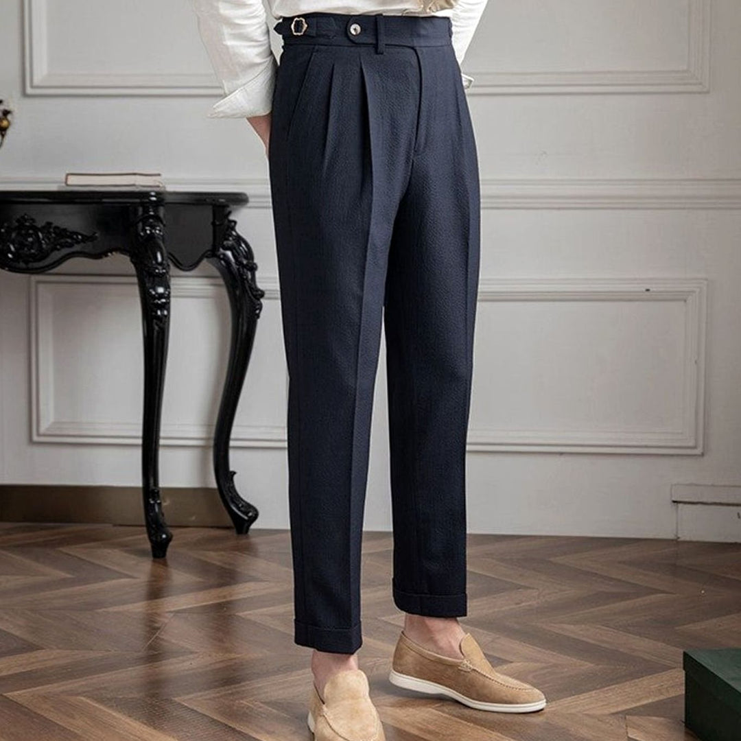 Men's Tailored High-Waist Pleated Trousers Turn-Up Cuff