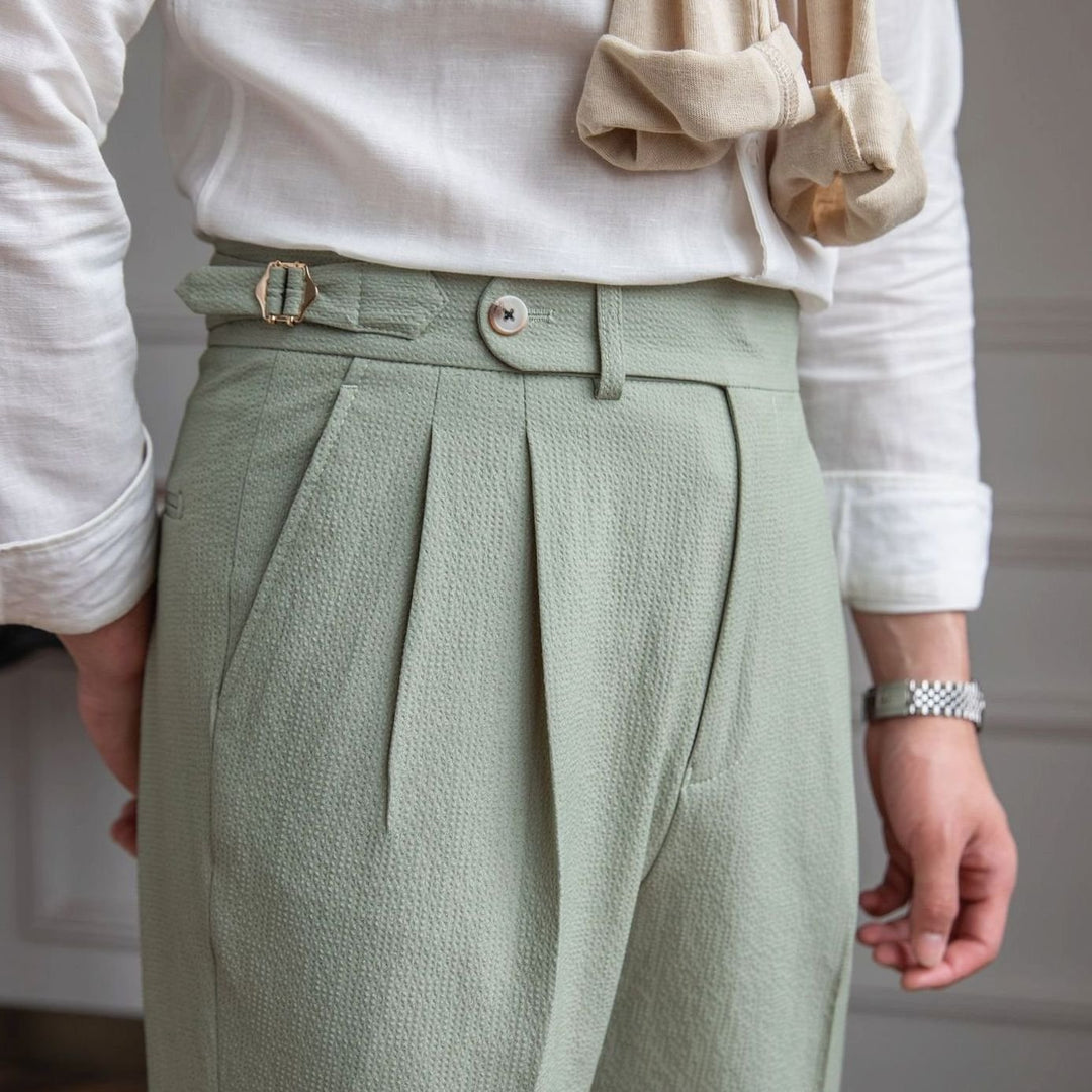Men's Tailored High-Waist Pleated Trousers Turn-Up Cuff - Green
