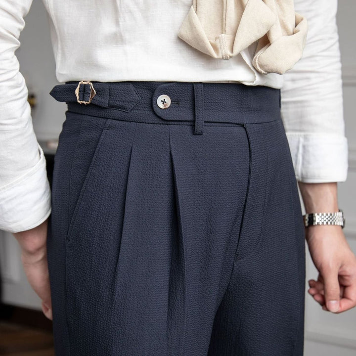 Men's Tailored High-Waist Pleated Trousers Turn-Up Cuff - Blue