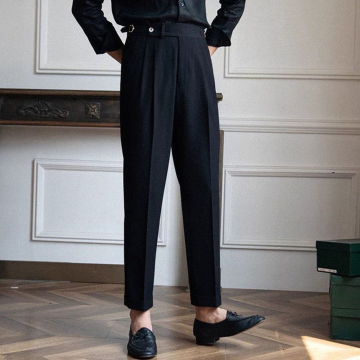 Men's Tailored High-Waist Pleated Trousers Turn-Up Cuff