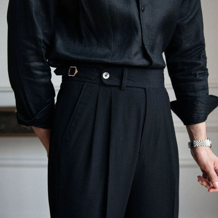 Men's Tailored High-Waist Pleated Trousers Turn-Up Cuff - Black