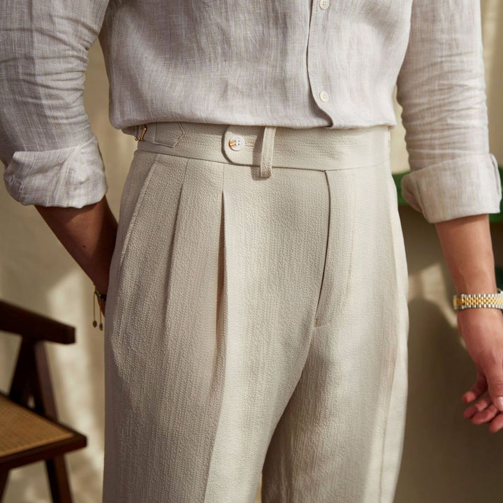 Men's Tailored High-Waist Pleated Trousers Turn-Up Cuff - Beige