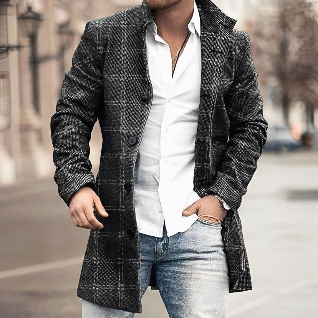 Men's Tailored Long Button Up Coat Houndstooth Wool-Blend Overcoat - Black