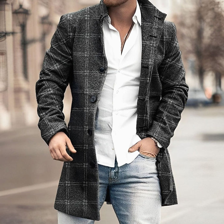 Men's Tailored Long Button Up Coat Houndstooth Wool-Blend Overcoat - Black