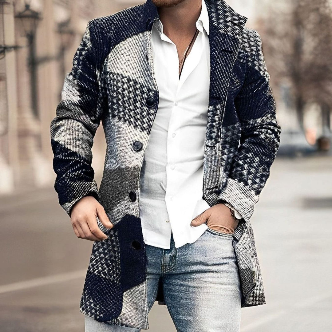 Men's Tailored Long Button Up Coat Houndstooth Wool-Blend Overcoat - Dark Blue