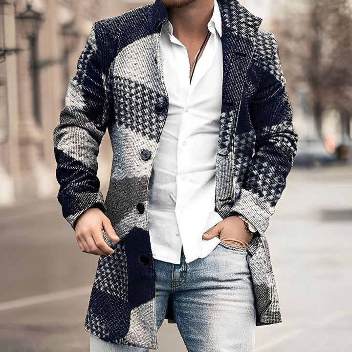 Men's Tailored Long Button Up Coat Houndstooth Wool-Blend Overcoat - Dark Blue