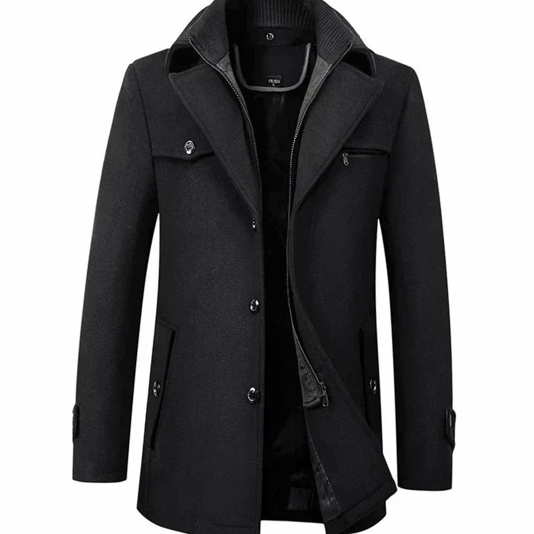 Men's Tailored Long Single-Breasted Button Overcoat - Black