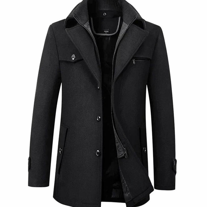 Men's Tailored Long Single-Breasted Button Overcoat - Black