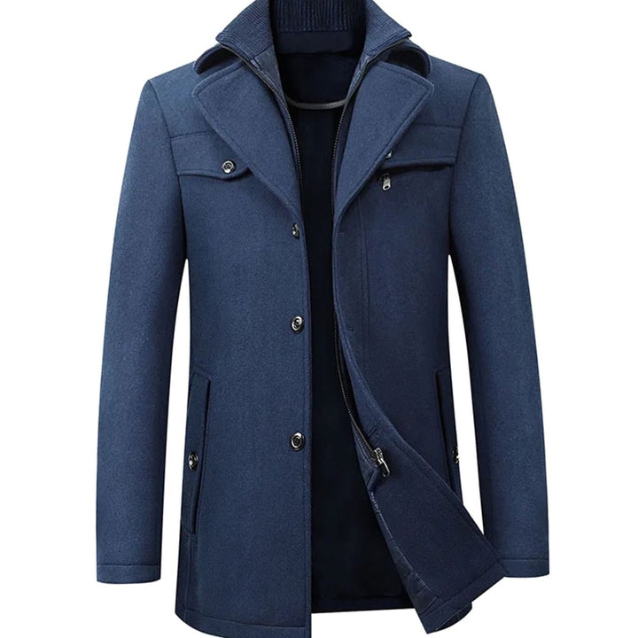 Men's Tailored Long Single-Breasted Button Overcoat - Navy Blue