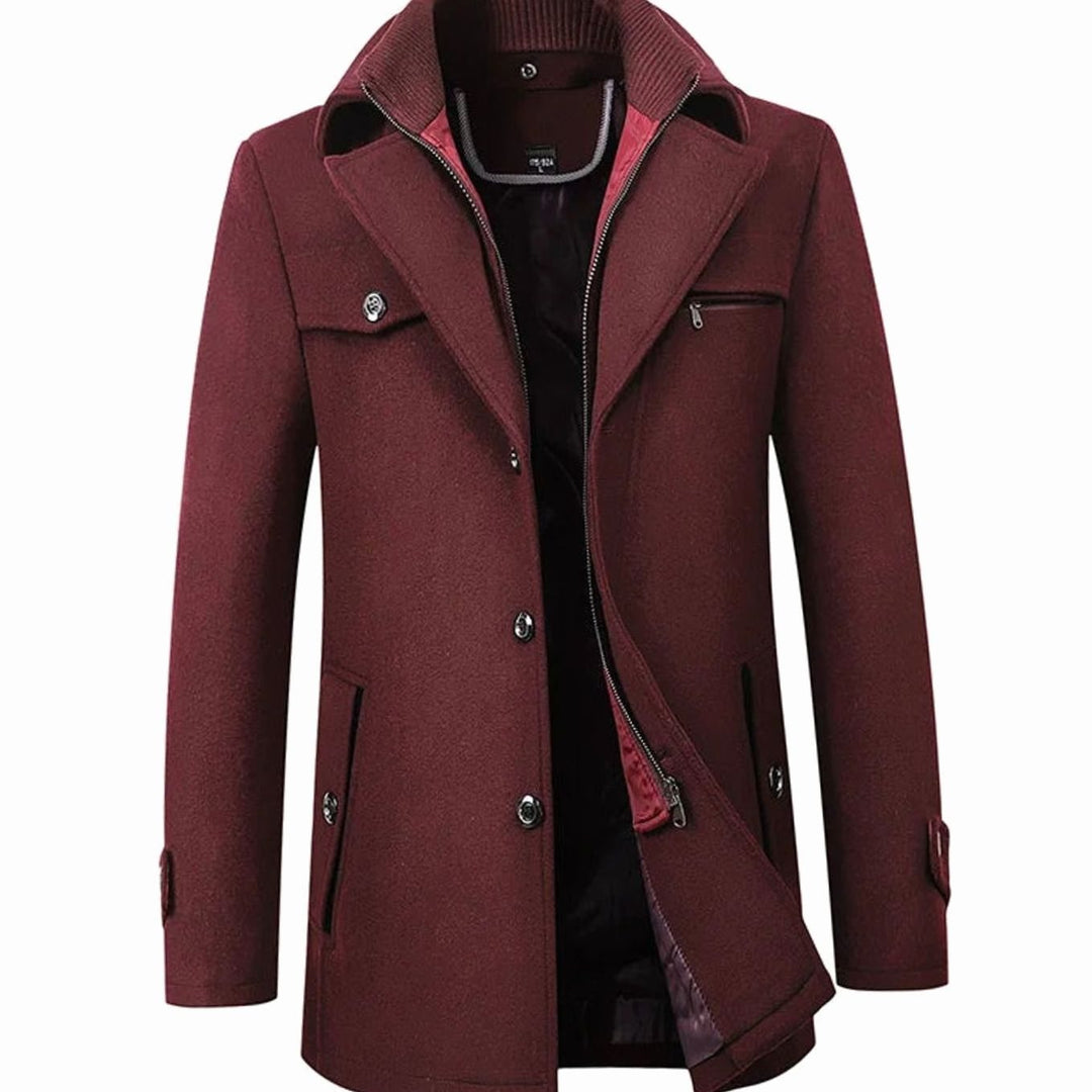 Men's Tailored Long Single-Breasted Button Overcoat - Burgundy