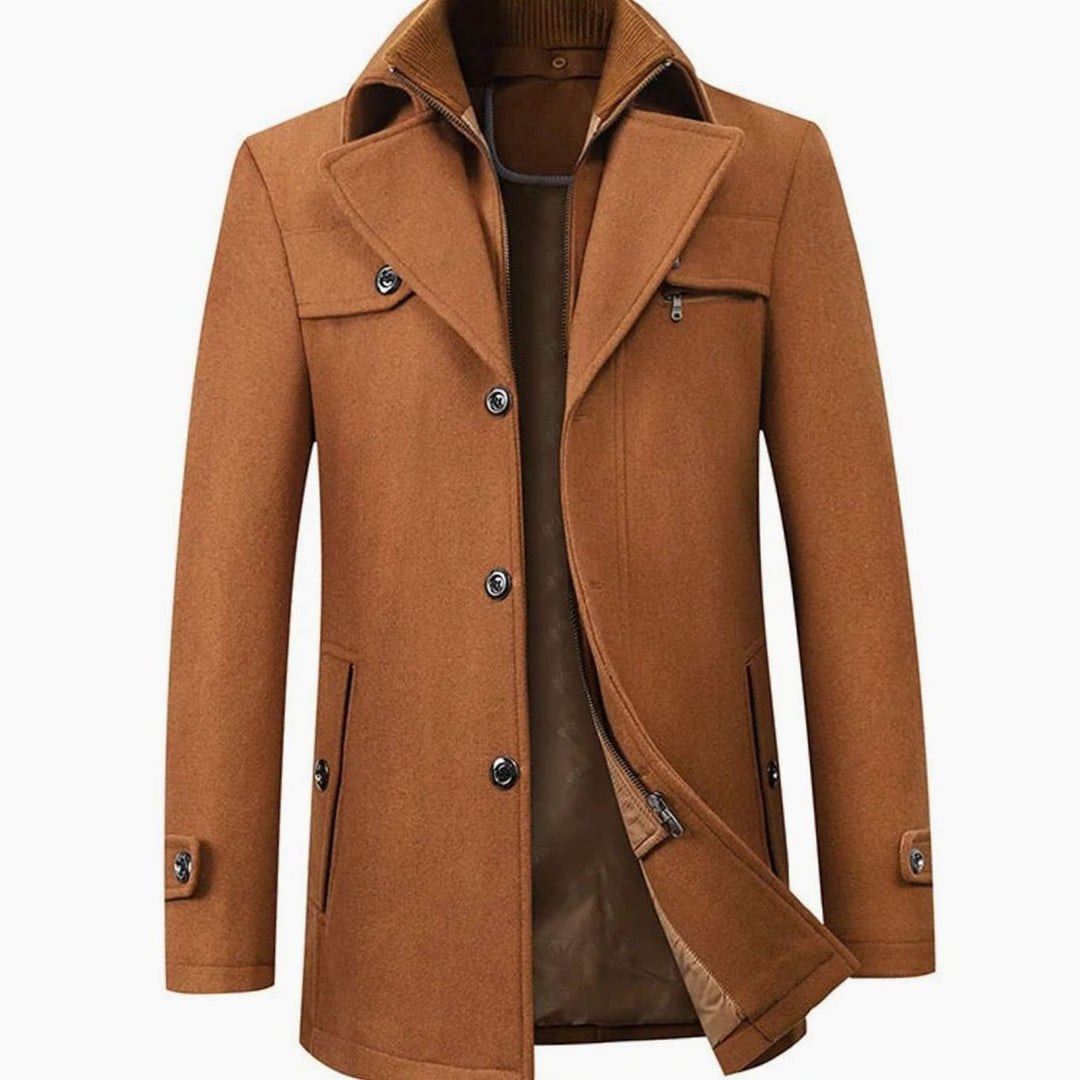 Men's Tailored Long Single-Breasted Button Overcoat - Brown