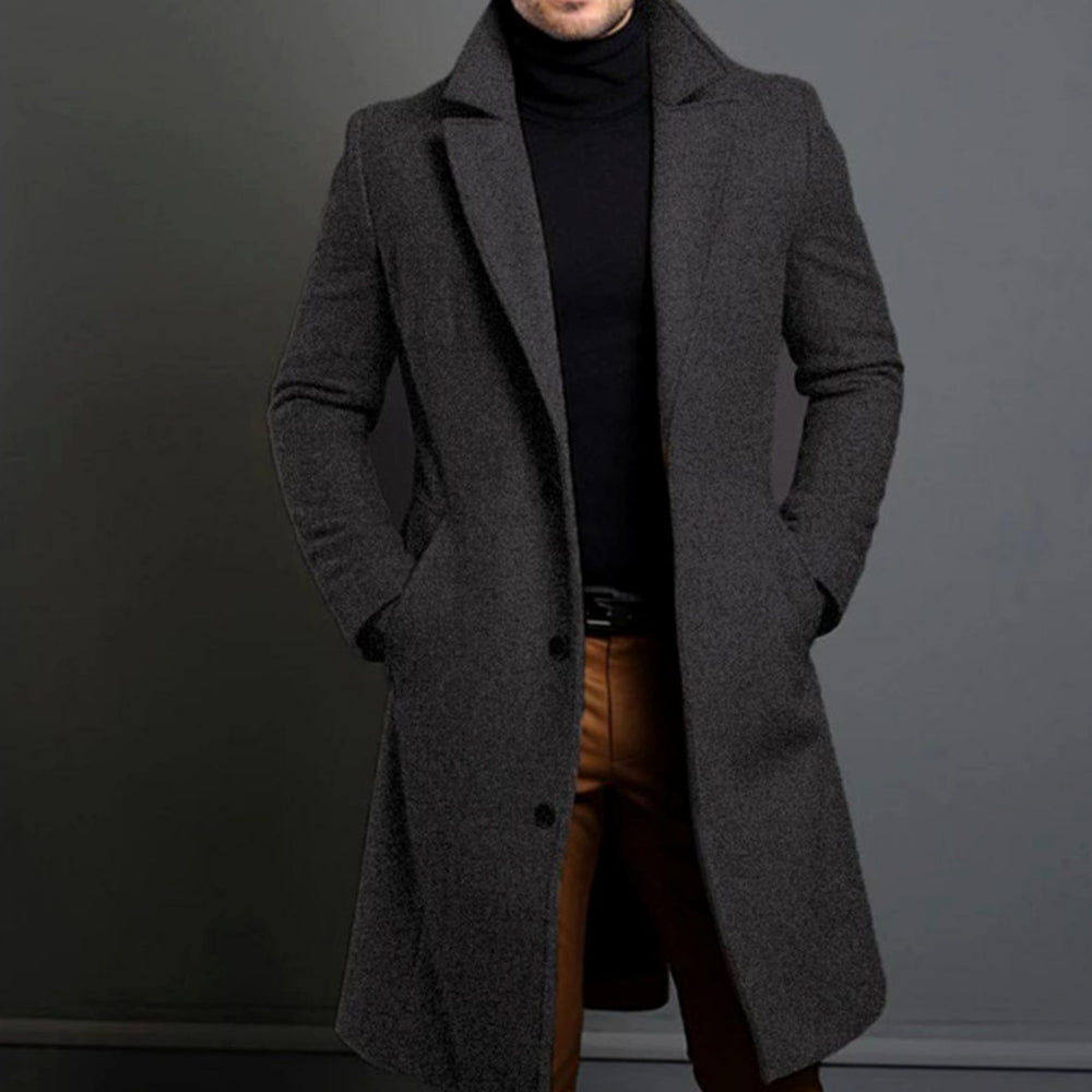 Men's Tailored Single-Breasted Long Overcoat Lapel Collar - Grey