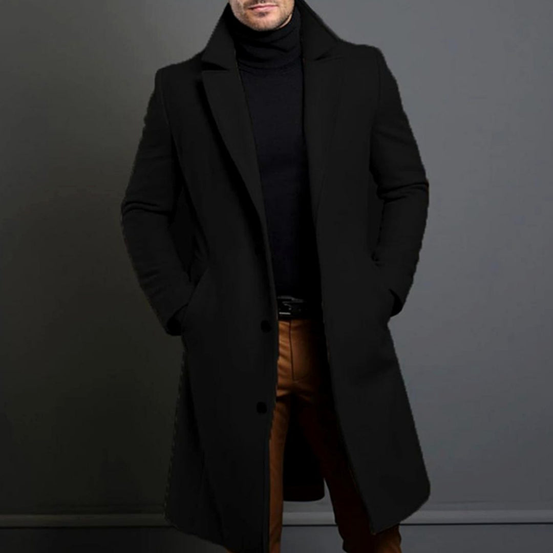 Men's Tailored Single-Breasted Long Overcoat Lapel Collar - Black