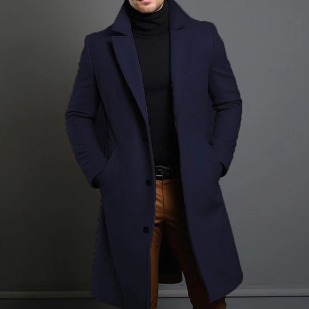 Men's Tailored Single-Breasted Long Overcoat Lapel Collar - Blue
