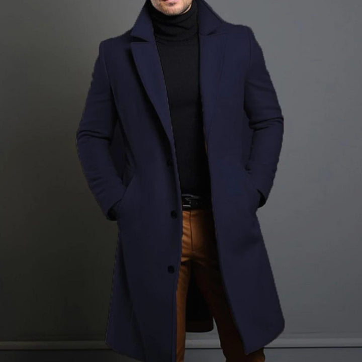 Men's Tailored Single-Breasted Long Overcoat Lapel Collar - Blue