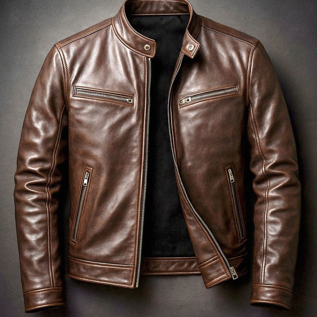 Men's Vintage Genuine Leather Biker Jacket Stand Collar