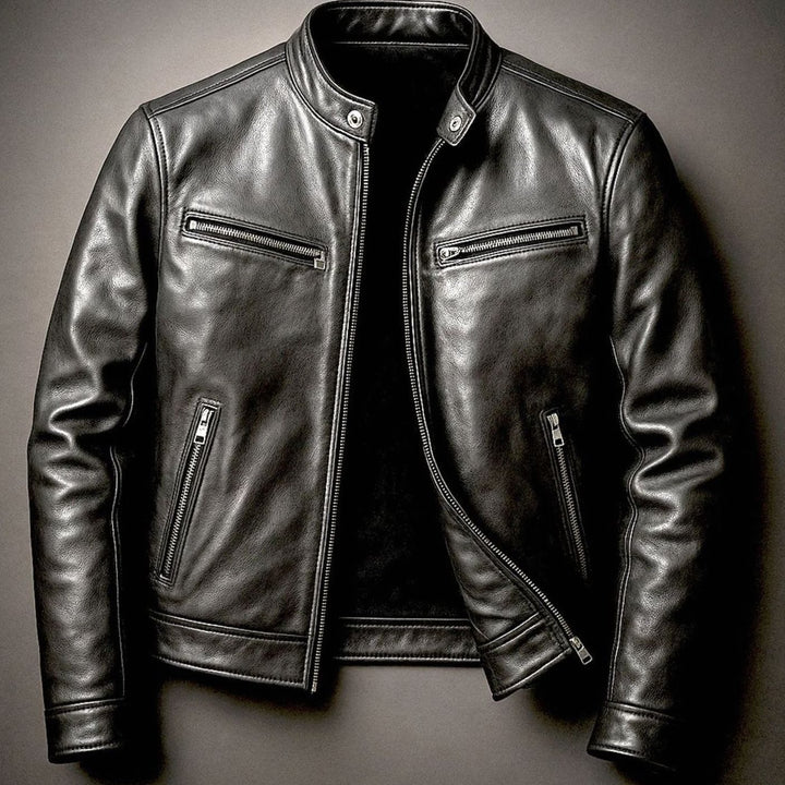 Men's Vintage Genuine Leather Biker Jacket Stand Collar
