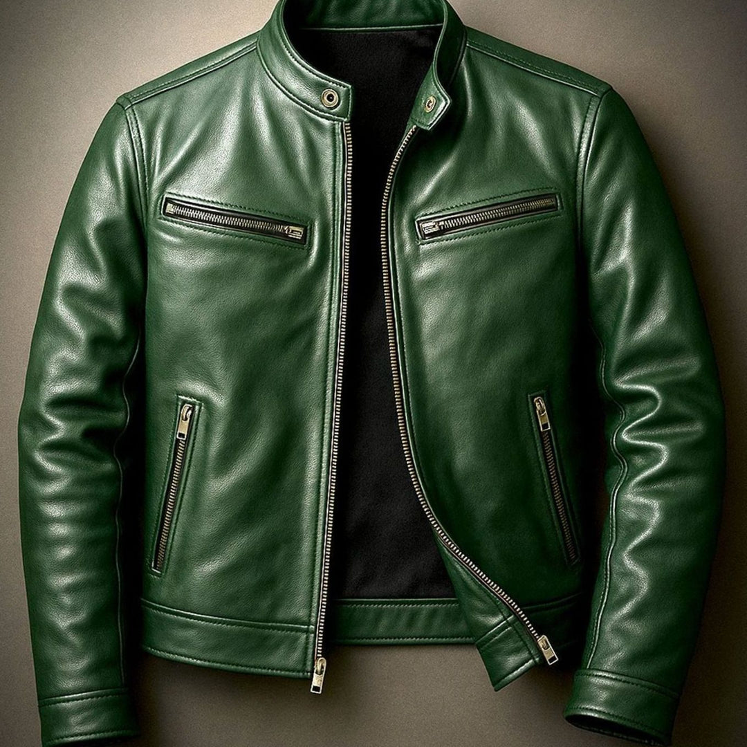 Men's Vintage Genuine Leather Biker Jacket Stand Collar