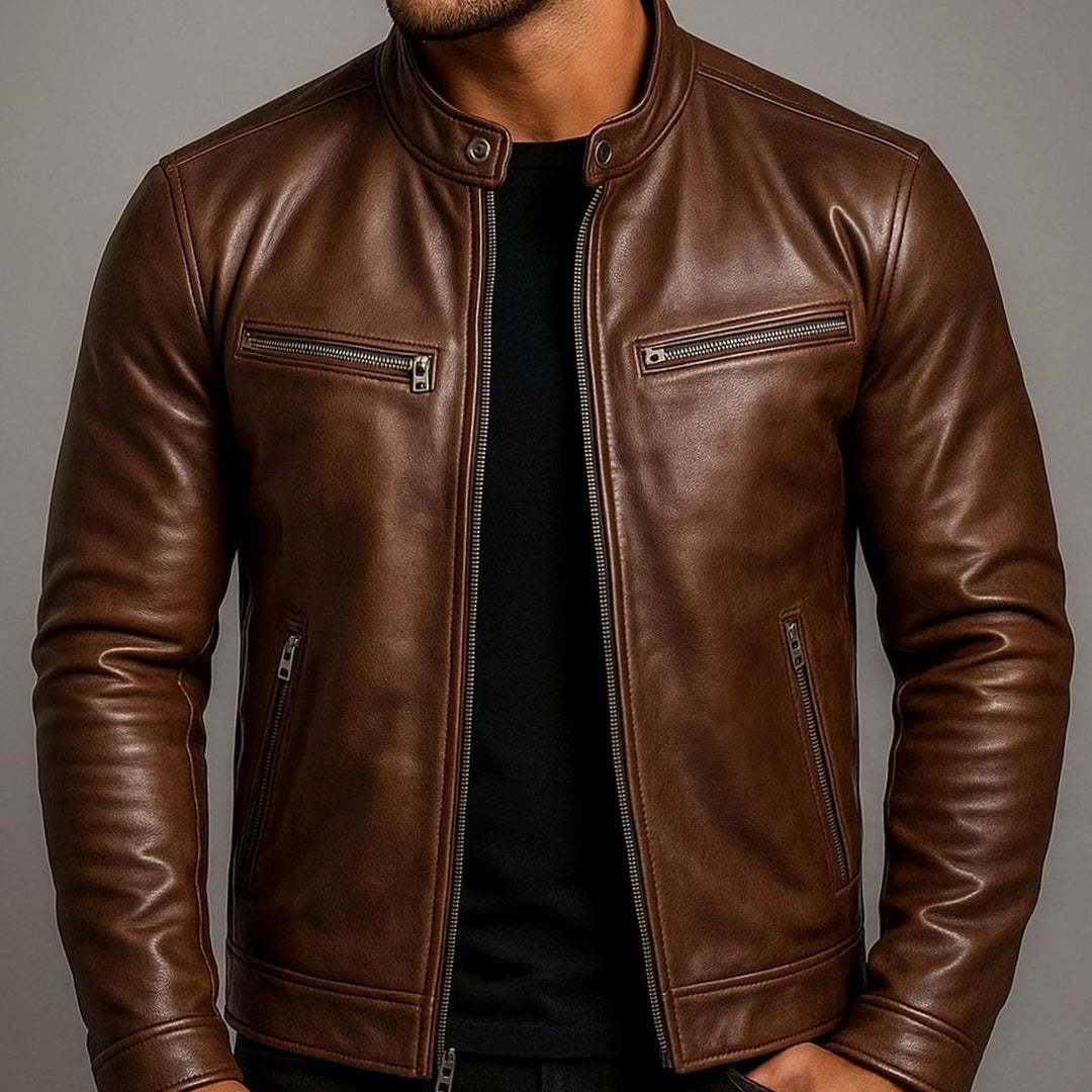 Men's Vintage Genuine Leather Biker Jacket Stand Collar