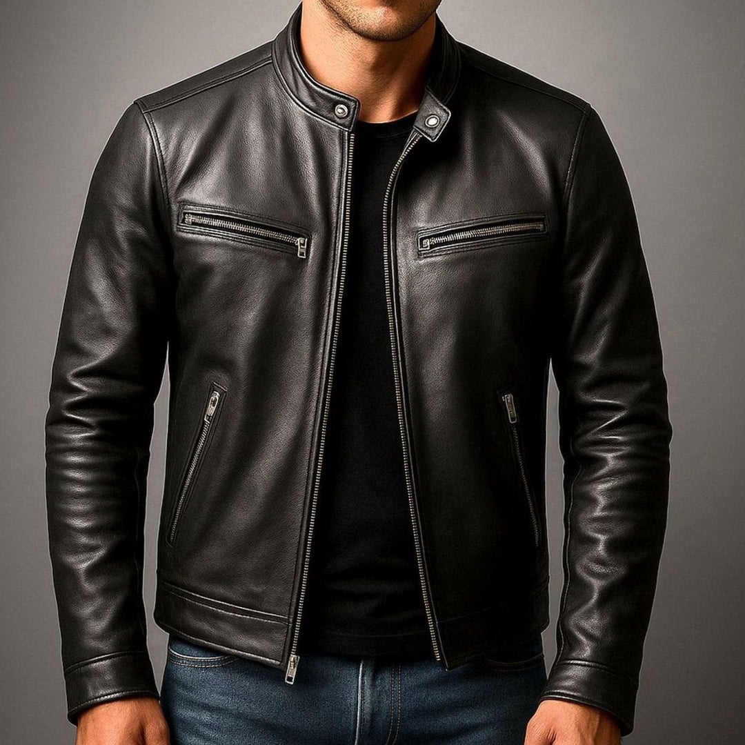 Men's Vintage Genuine Leather Biker Jacket Stand Collar