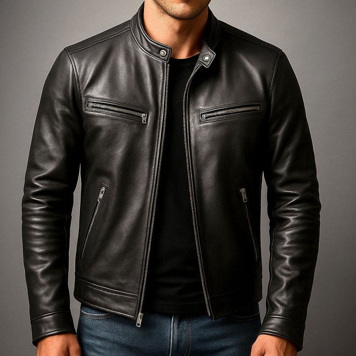Men's Vintage Genuine Leather Biker Jacket Stand Collar
