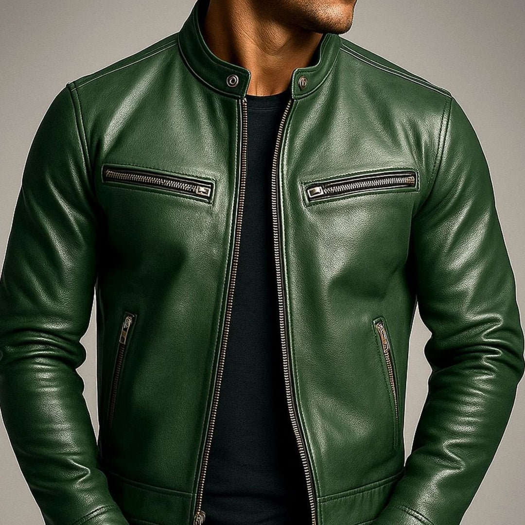Men's Vintage Genuine Leather Biker Jacket Stand Collar