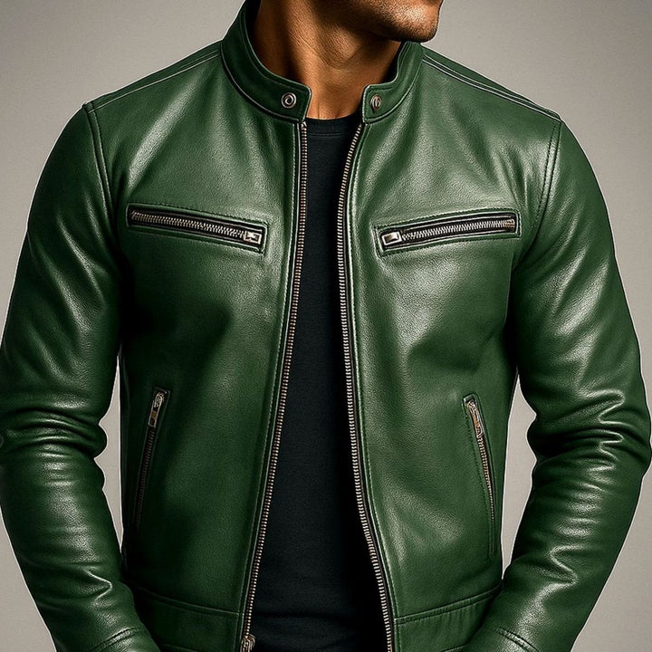 Men's Vintage Genuine Leather Biker Jacket Stand Collar