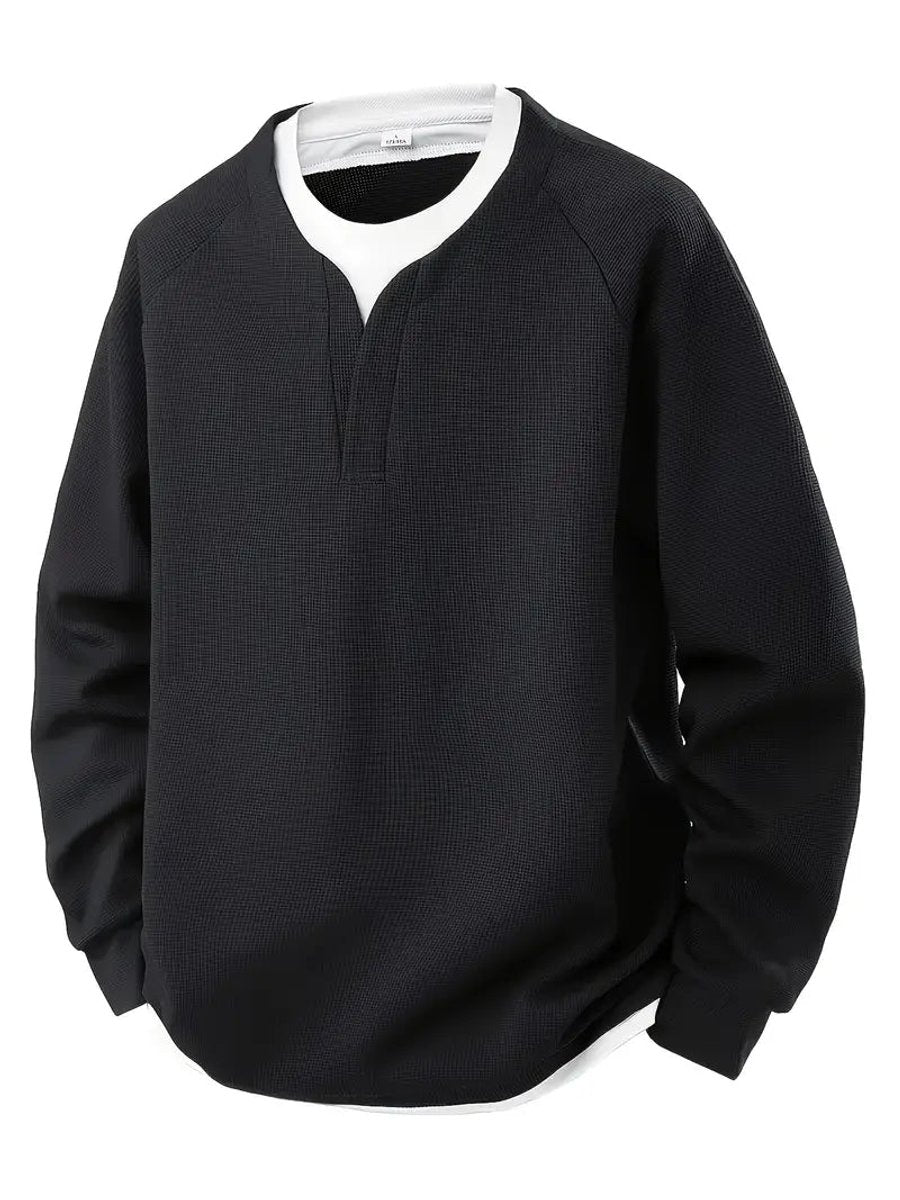 Men's Waffle Knitted Sweater Layered Long Sleeve Pullover