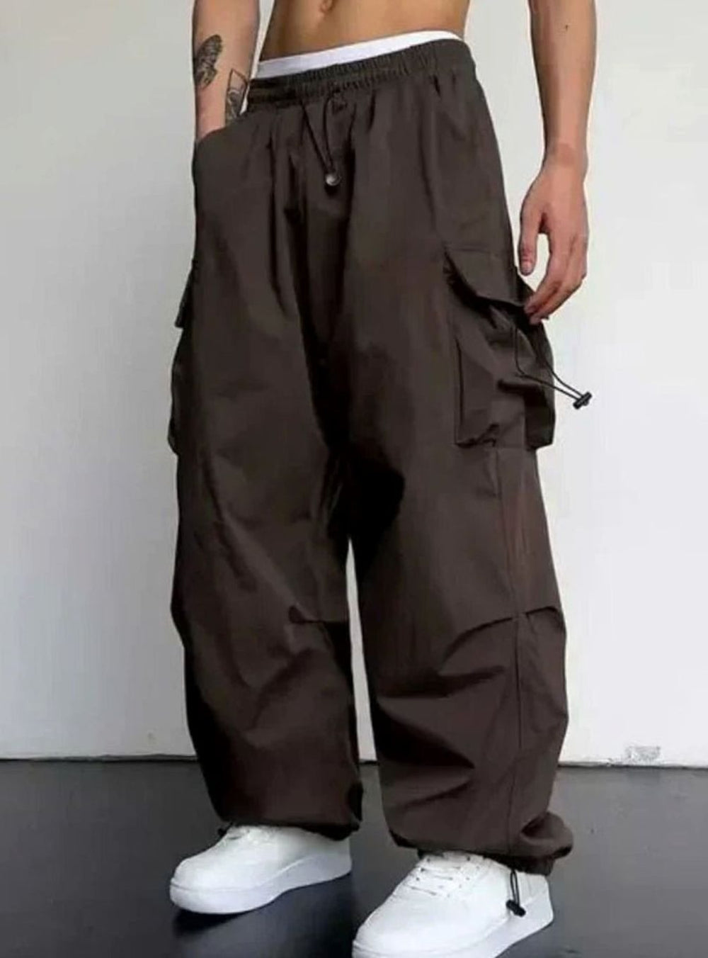 Men's Wide-Leg Elasticated Drawstring Cargo Trousers