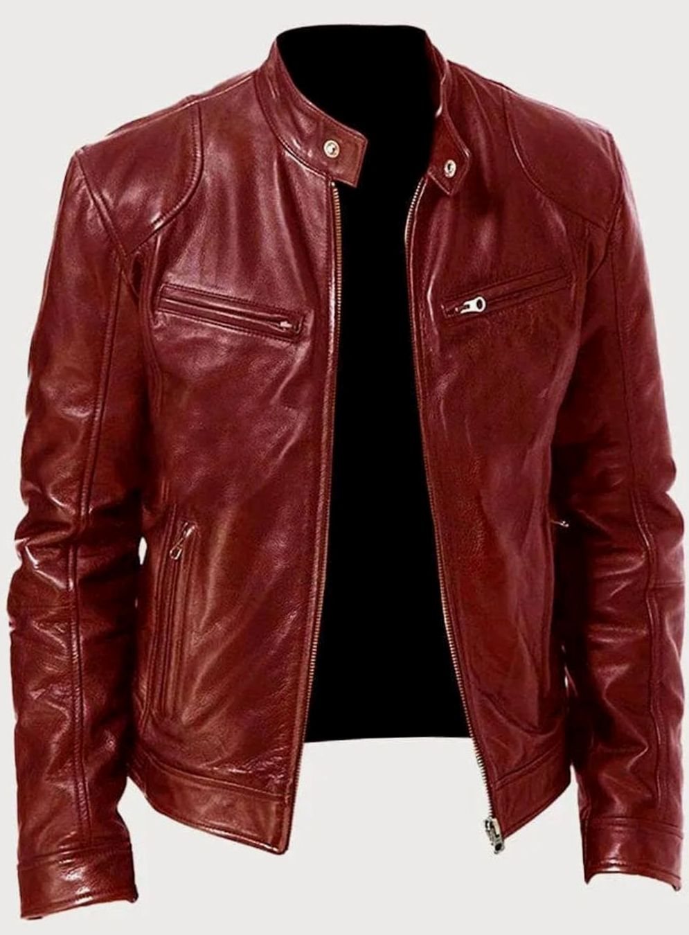 Men's Zip-Up Biker-Style Faux Leather Casual Jacket - Red