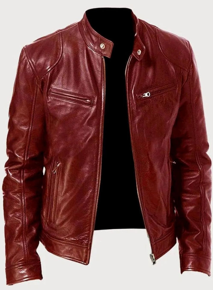 Men's Zip-Up Biker-Style Faux Leather Casual Jacket - Red