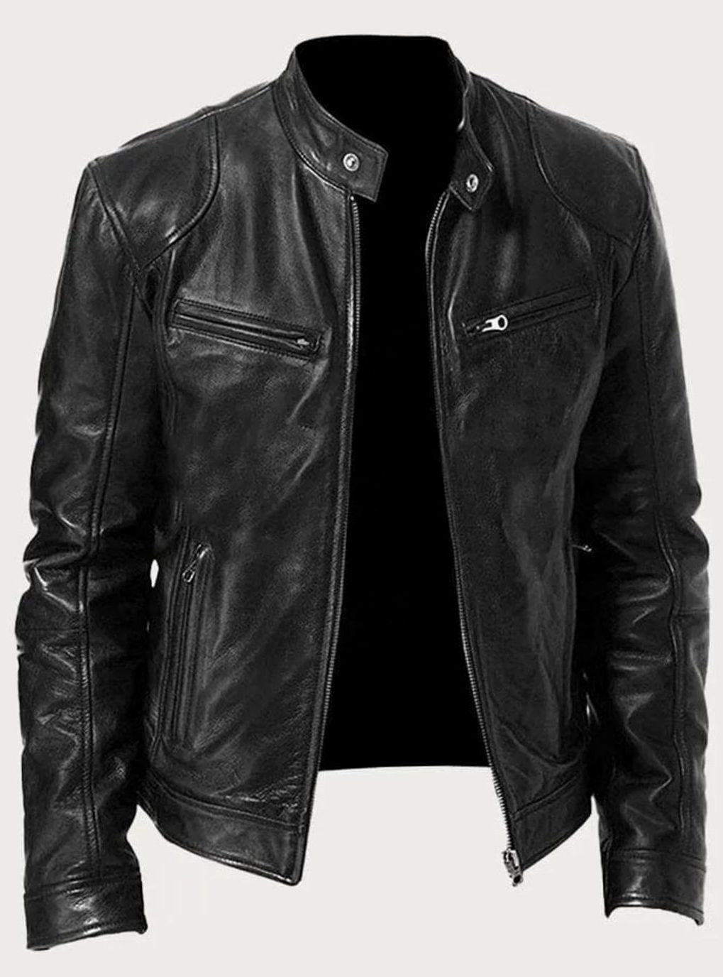 Men's Zip-Up Biker-Style Faux Leather Casual Jacket - Black